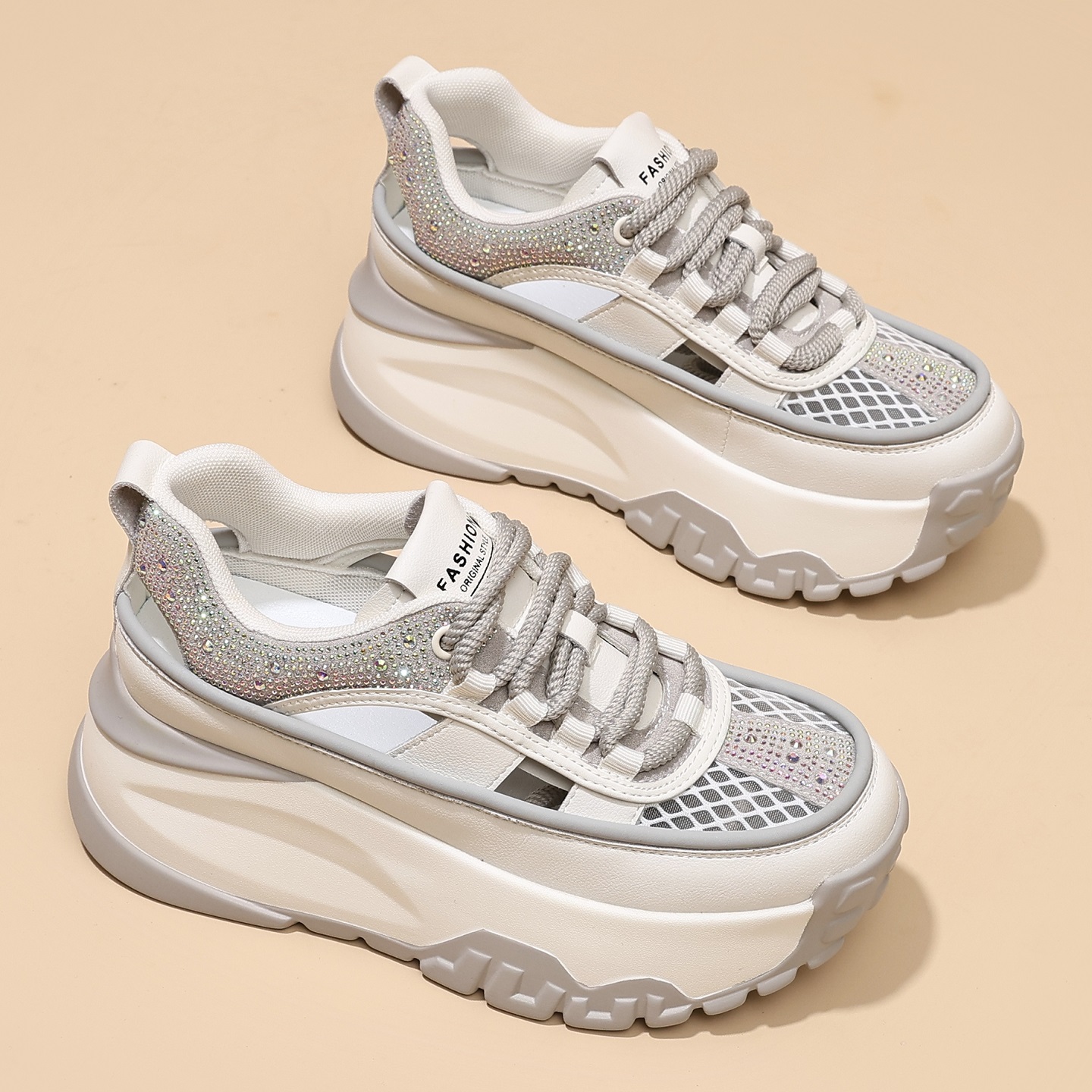 真皮厚底老爹鞋女夏季网面小白鞋