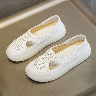 外贸工厂原单厚底真皮乐福鞋女夏季镂空透气休闲小白鞋软底大码鞋