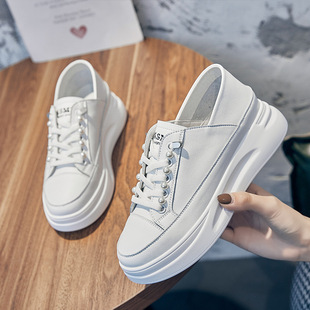 松糕底一脚蹬休闲鞋 女韩版 尾货撤柜2025年厚底真皮小白鞋 商场断码