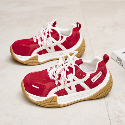 真皮内增高红色老爹鞋女秋冬女鞋