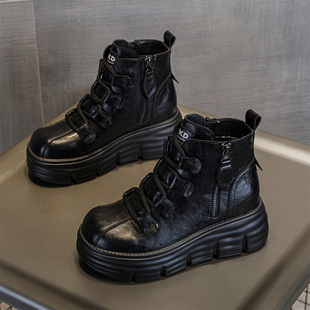 外贸工厂原单厚底增高8cm马丁靴女秋冬真皮侧拉链舒适休闲短靴子