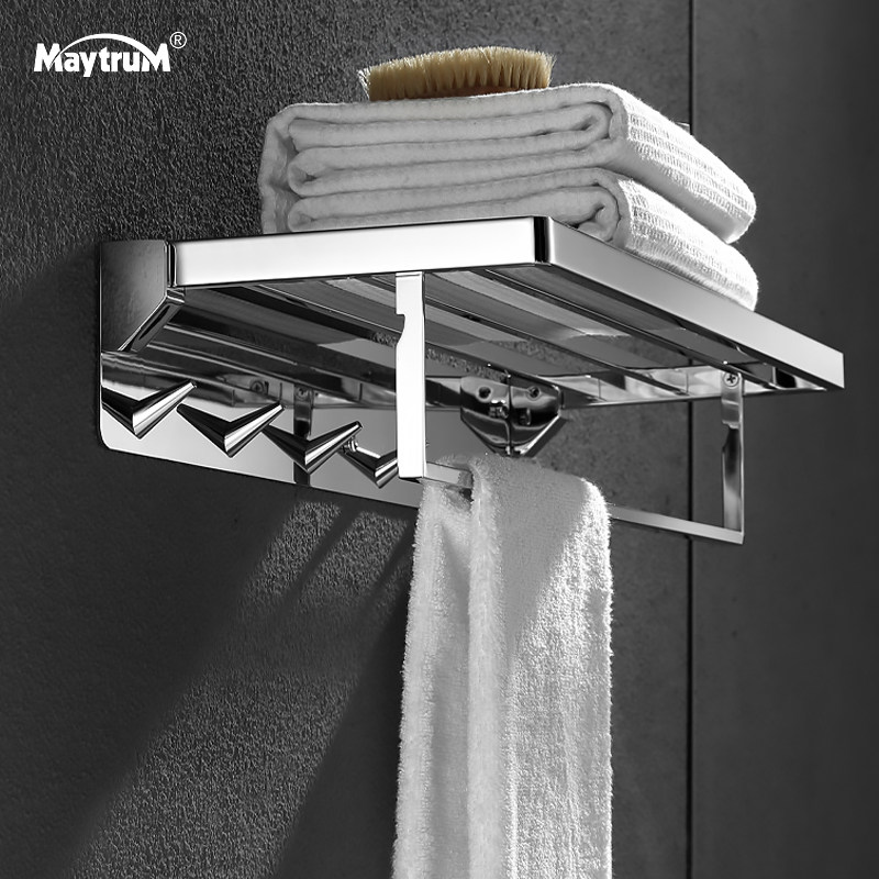 毛巾架卫生间免打孔墙壁304不锈钢浴室置物架可折叠2层挂钩浴巾架