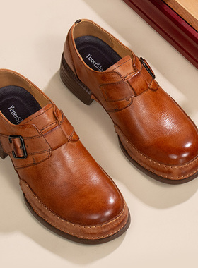 英伦风百搭孟克鞋男一脚蹬软底手工复古大头皮鞋商务休闲真皮男鞋