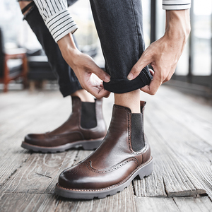 冬季真皮切尔西靴男布洛克雕花一脚蹬男靴厚底加绒皮靴高帮马丁靴