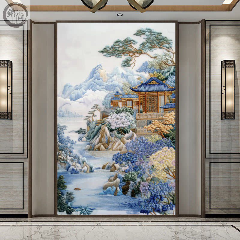 中式山水画花鸟图玄关过道主题壁画定制尺寸装饰墙贴立体个性壁纸