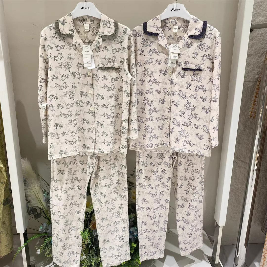 莎倩秋季睡衣女士长袖长裤纯棉开衫印花可外穿家居服棉氯薄330681