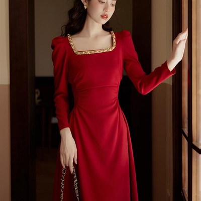 速发复古港风红色连衣裙子订婚衣服结婚当天新娘便装礼服回门服