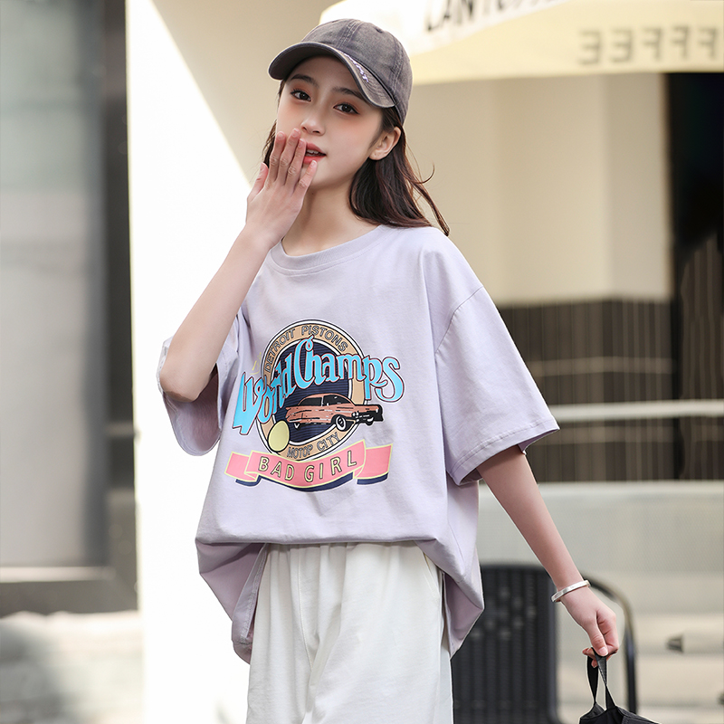 女大童短袖t恤2025新款初中生夏季纯棉透气上衣学生洋气时髦短袖