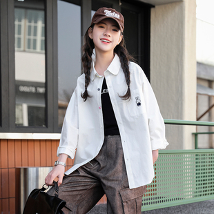 女大童白色衬衫春秋款春装少女衬衣初中生女孩青少年纯棉长袖上衣