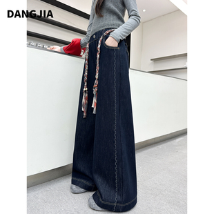 女童加绒牛仔裤2025新款秋冬装儿童阔腿裤初中生宽松直筒裤子15岁