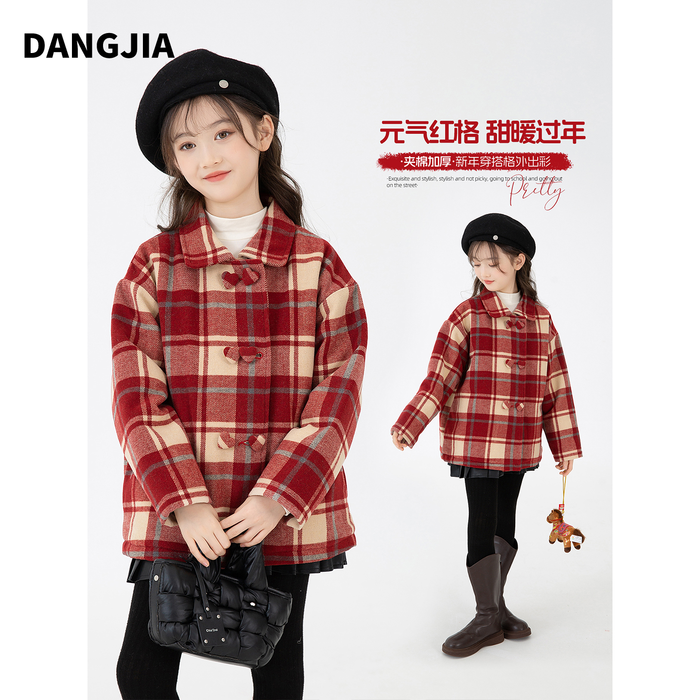女童加绒呢子外套秋冬季2025
