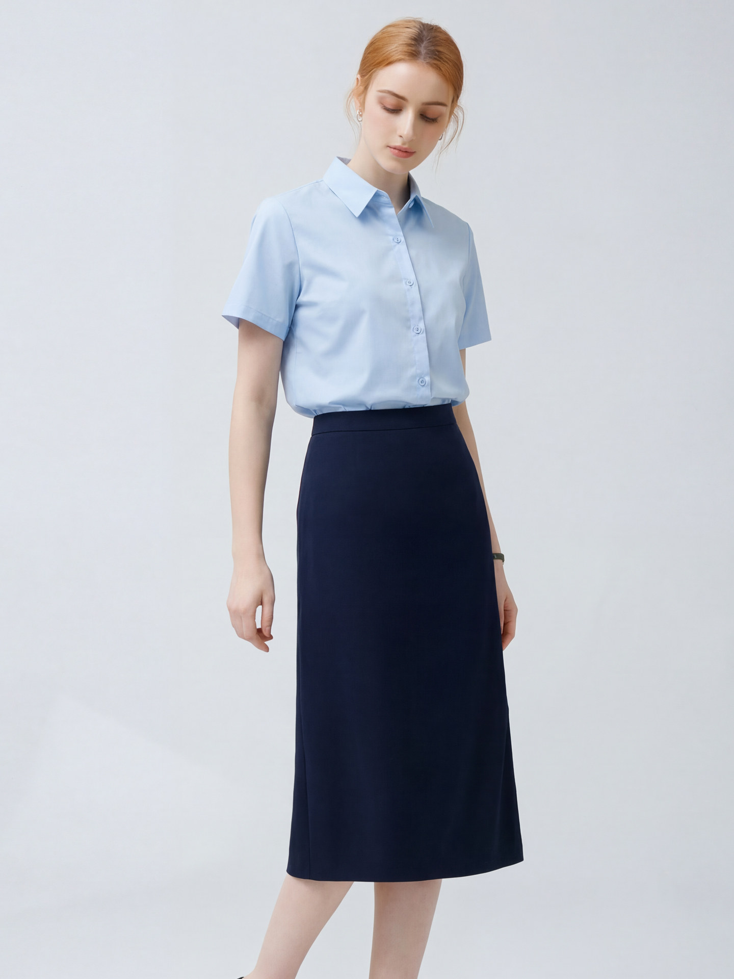 高级感蓝色短袖衬衫女职业套装夏季公务员面试正装工作服A字套裙