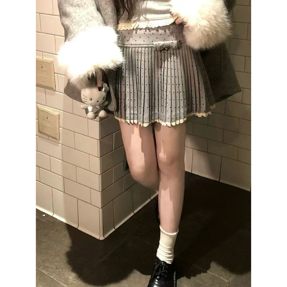 上新miu系波点爱心蝴蝶结百褶裙女秋冬a字显瘦甜美减龄百搭半身裙