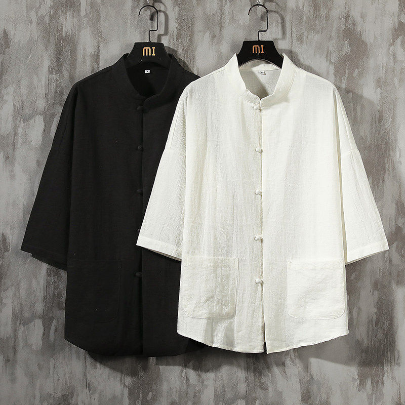 秋季薄款立领七分袖改良中国风盘扣衬衫青年男士棉麻纯色口袋上衣,男装,汉服,淘宝优惠券,粉丝福利购,淘宝优惠卷