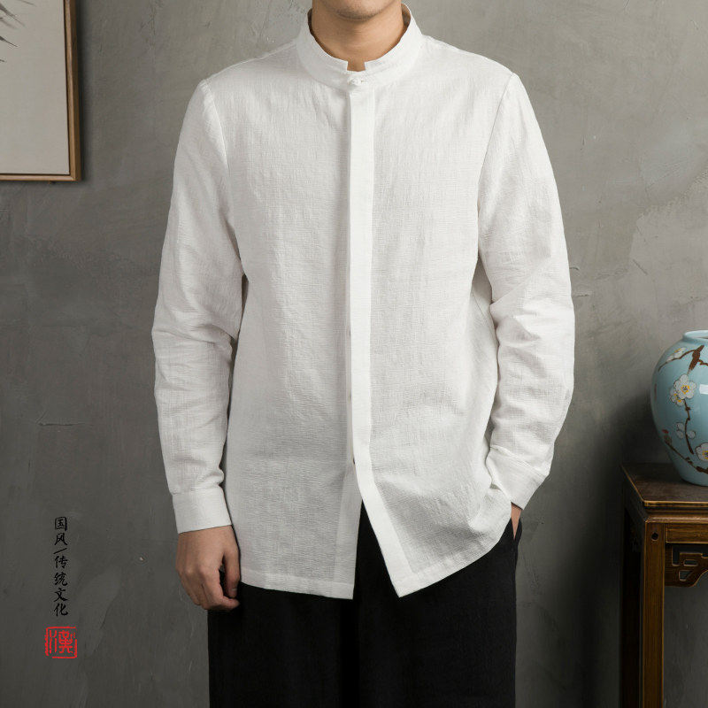 薄款中国风亚麻衬衫长袖复古风男士唐装棉麻纯色衬衣中式茶服禅服,男装,汉服,淘宝优惠券,粉丝福利购,淘宝优惠卷