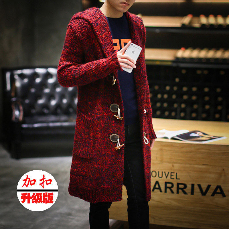 青年宽松连帽针织衫中长款酒红色粗毛线衣外套加厚开衫毛衣男大码,男装,毛呢大衣,淘宝优惠券,粉丝福利购,淘宝优惠卷