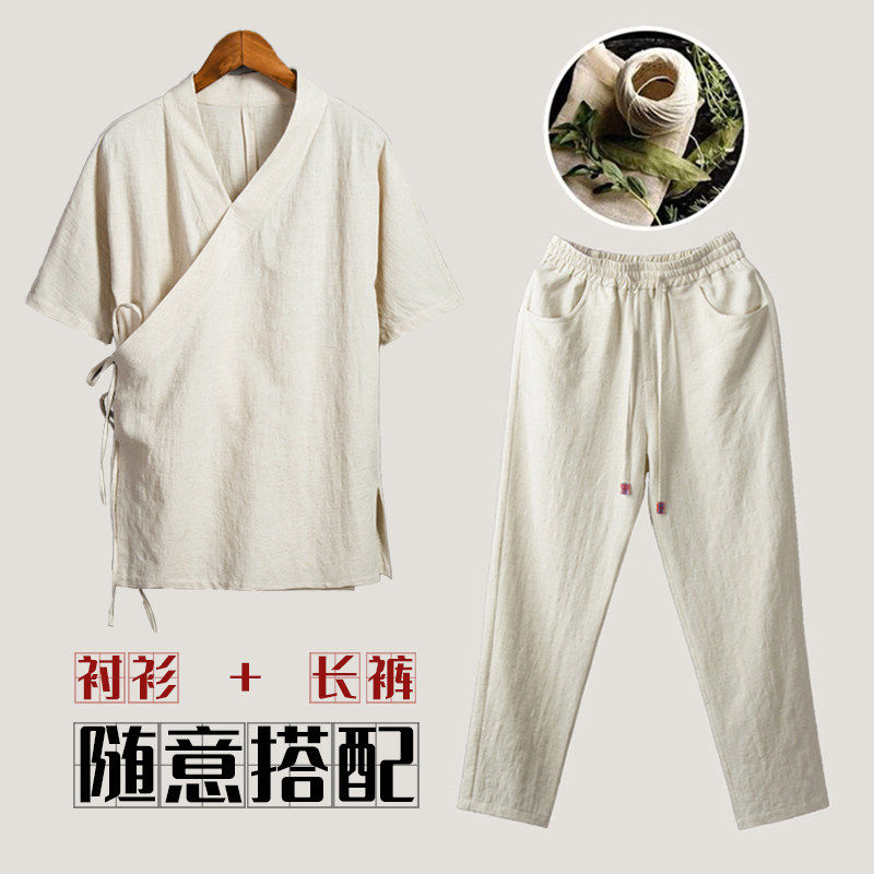秋季复古民族亚麻改良汉服套装男士短袖衬衫棉麻中袖中国风两件套