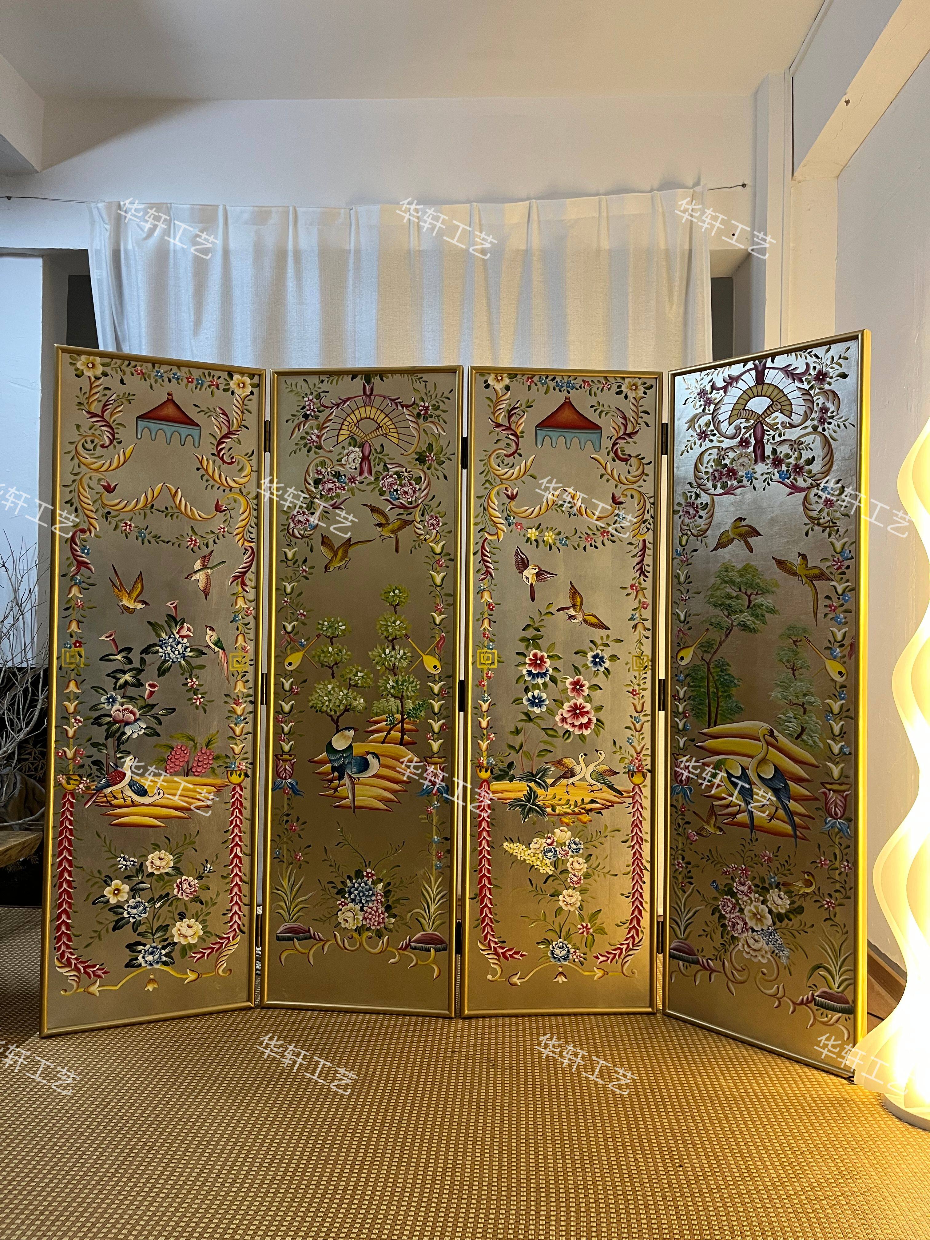 定制手绘花鸟日式屏风漆画新中式折屏隔断金箔移动折叠背景墙摄影