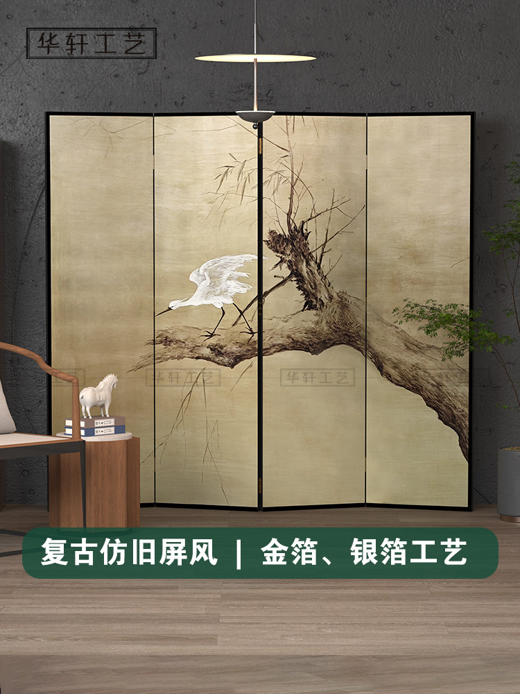 定制法式手绘仿古浮雕肌理漆画屏风中式金银箔装饰画客厅折叠隔断