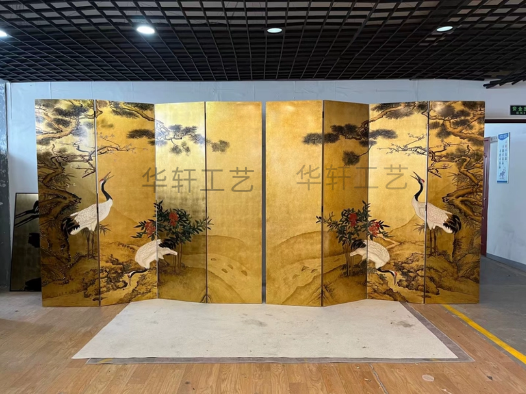定制松鹤延年金箔手绘屏风漆画折屏中古屏风挂画墙壁背景墙设计师