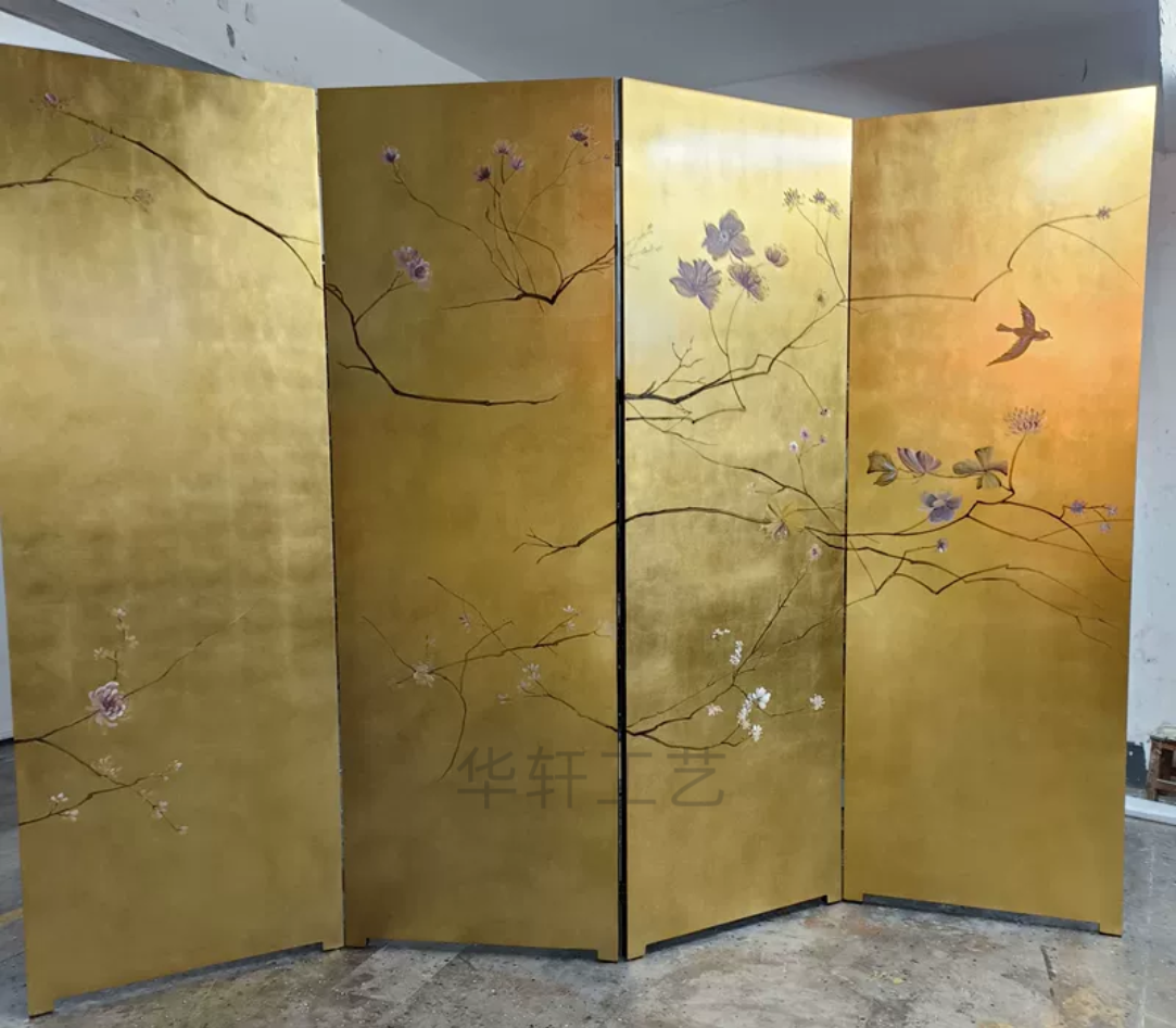 婚纱摄影订制金箔大型屏风背景墙隔断复古手绘漆画日式风格折屏画