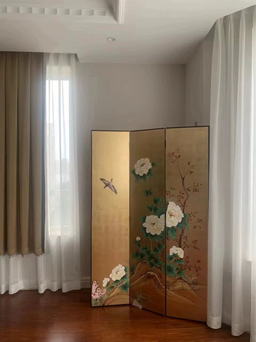 折屏屏风金箔花鸟手绘漆画隔断玄关背景墙客厅沙发卧室移动中式