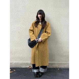 日系覆古高级感棕色翻领呢子大衣女秋冬季赫本风通勤百搭毛呢外套