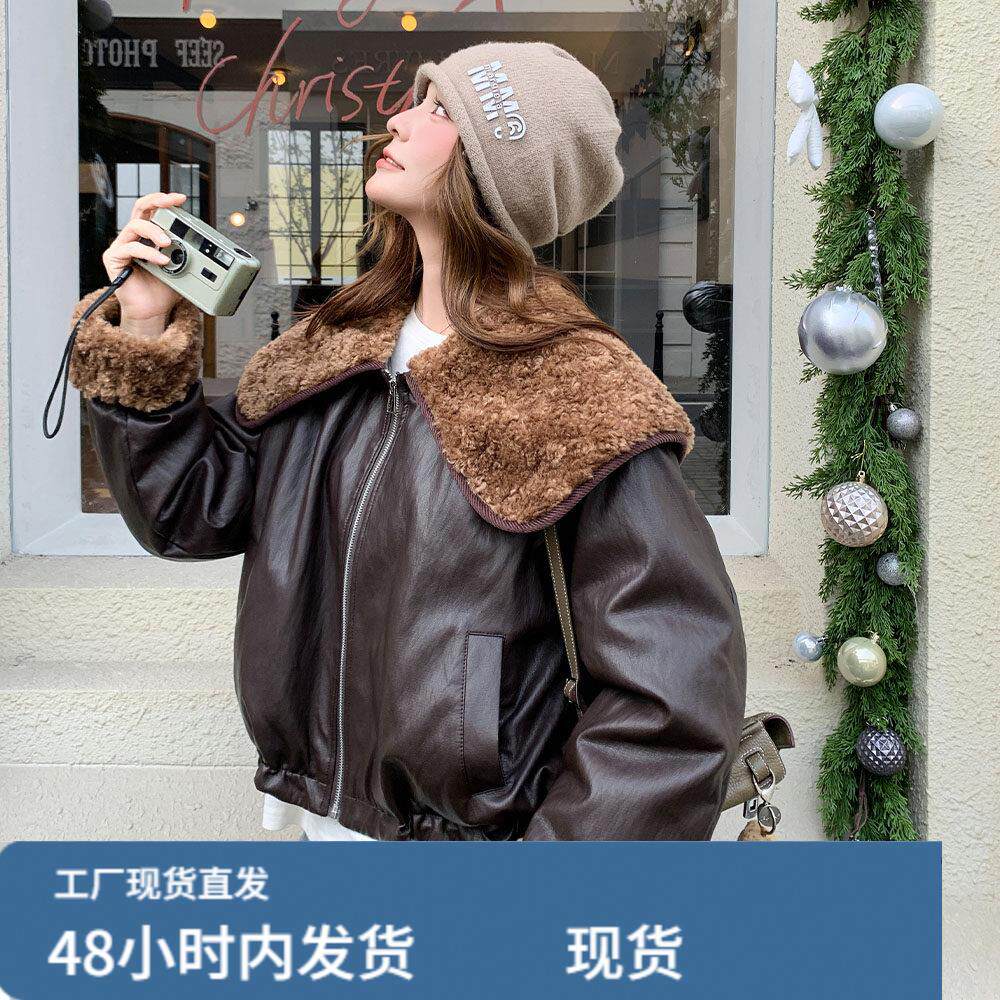羊羔毛大翻领咖色皮衣羽绒服女冬季超火好看高级小众加厚保暖外套