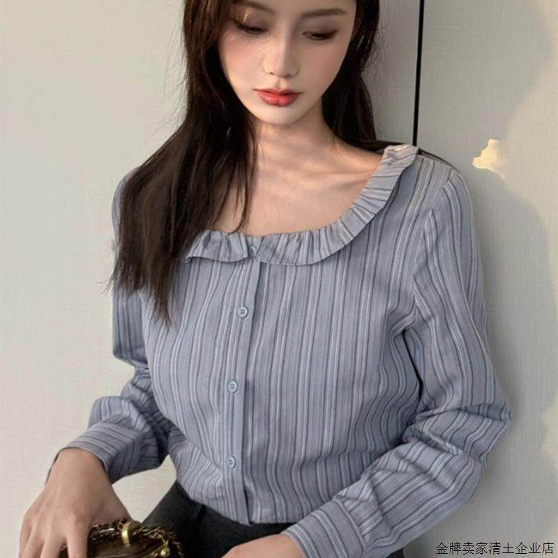 2025春季新款条纹法式衬衫女设计感小众荷叶边长袖上衣