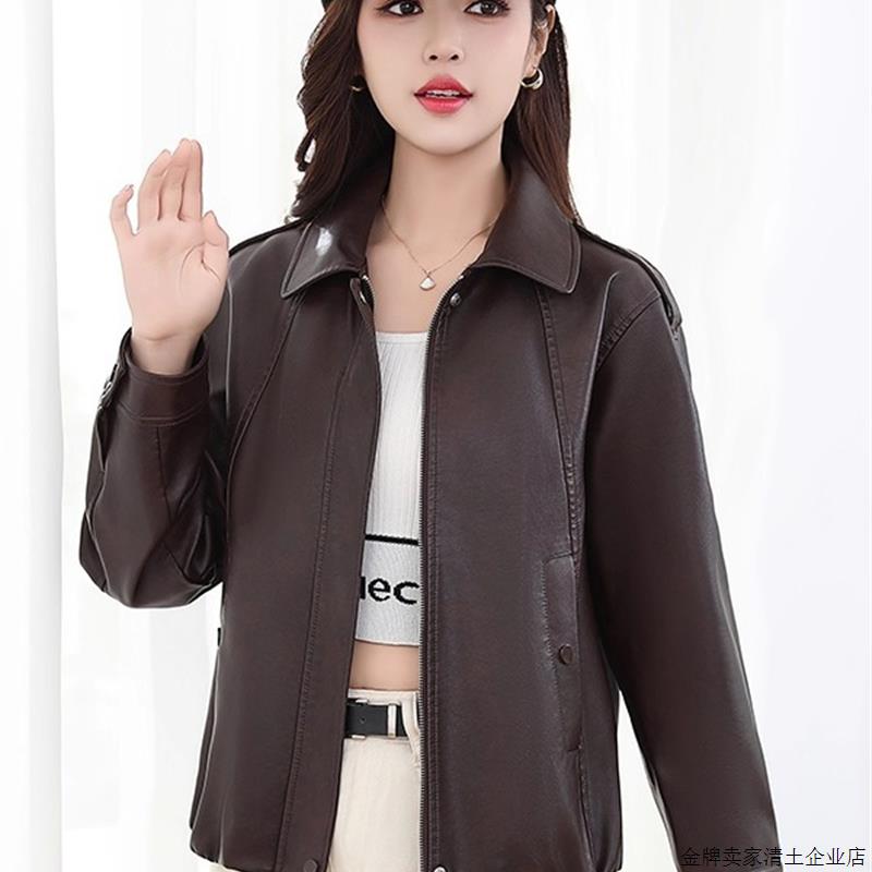 时尚翻领女装皮衣外套2025新款秋季小个子拉炼开衫机车服帅气上衣