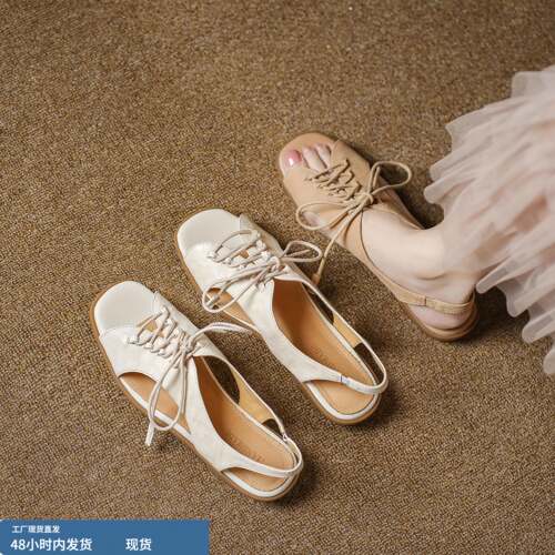 复古罗马凉鞋女夏平底系带百搭真皮文艺仙女风低跟大码女鞋41到4