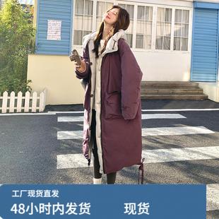 紫色连帽中长版两面穿派克羽绒服女冬季超火好看加绒加厚工装外套