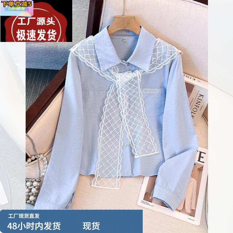 薄款蓝色长袖衬衫外套搭配蕾丝披肩女2025春秋季新款气质短款上衣