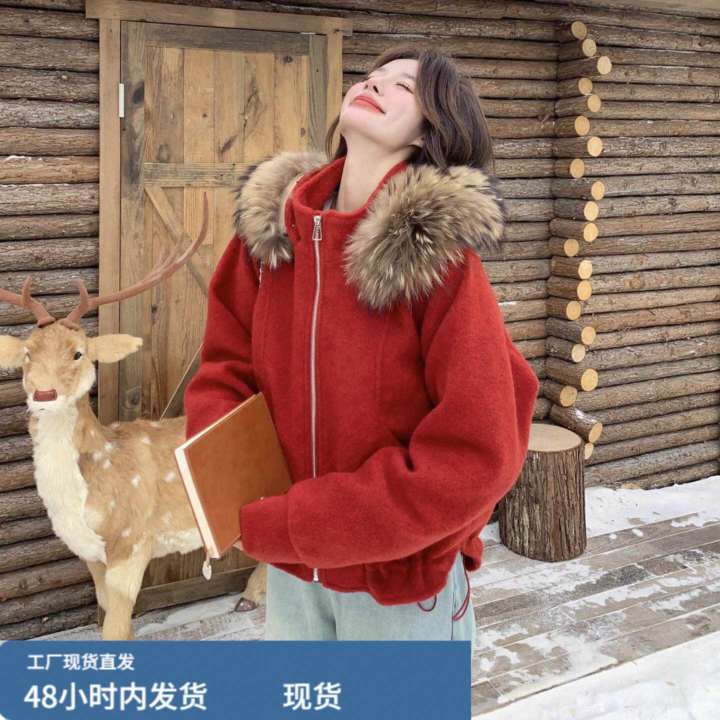 新年红大毛领羽绒服女短款2025冬学院风韩系巨好看加绒毛呢外套