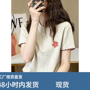 韩系木耳花边圆领短袖T恤女夏季新款ins撞色百搭减龄印花纯棉上衣