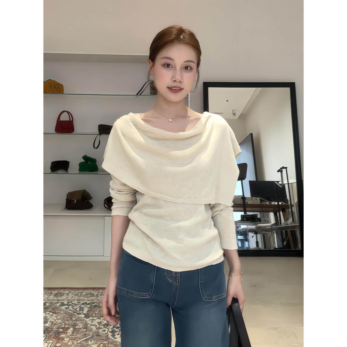 大码胖MM韩系简约通勤长袖针织衫配荡领披肩两件套包秋款百搭上衣