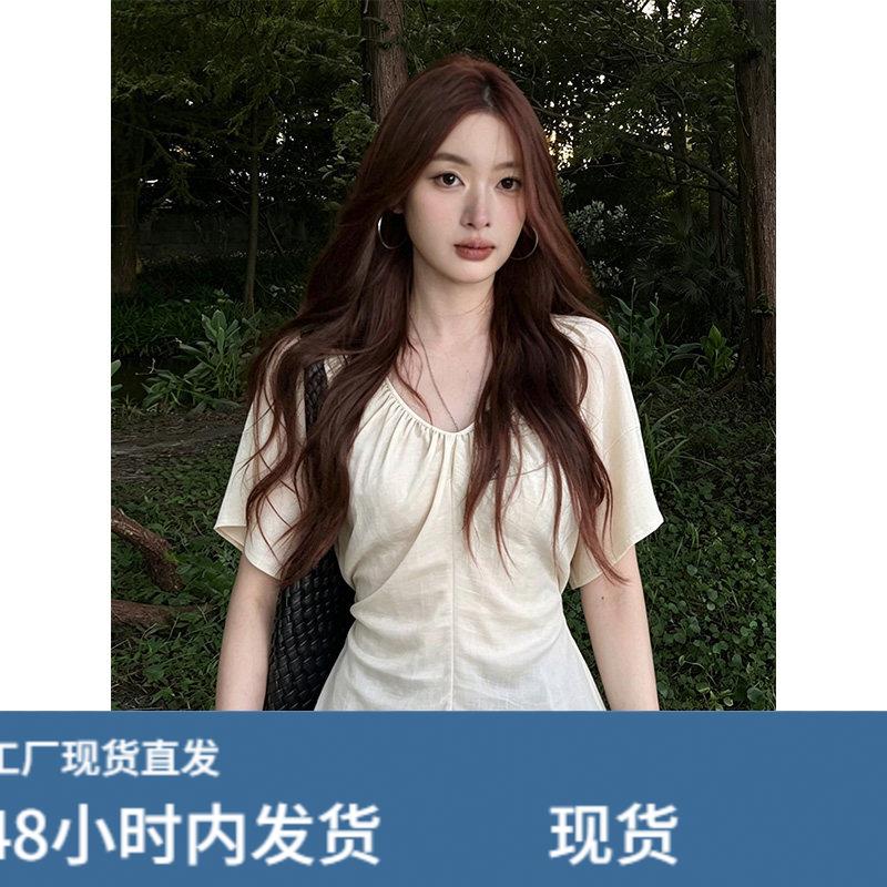 韩系冰丝短袖t恤女2026夏季穿搭后背露腰绑带显瘦高级感气质上衣
