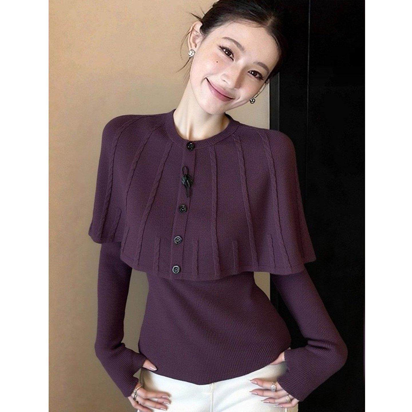 高级感复古风紫色斗篷长袖毛衣针织衫女秋冬新款百搭简约洋气上衣