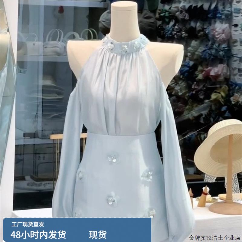 时尚洋气时髦轻奢赫本风法式小众上衣高级感蓝色露肩长袖衬衫女秋