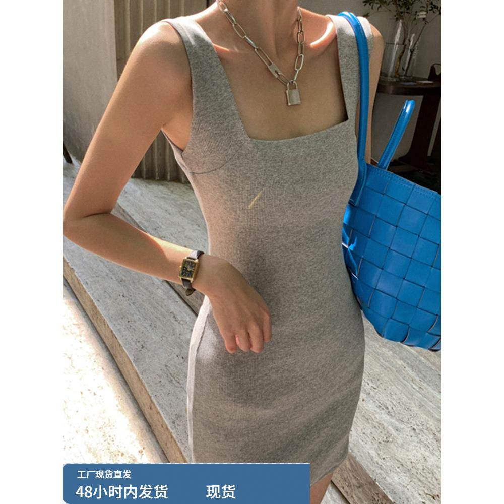 韩版灰色宽带吊带裙女秋冬内搭打底紧身包臀黑色针织背心连衣裙子