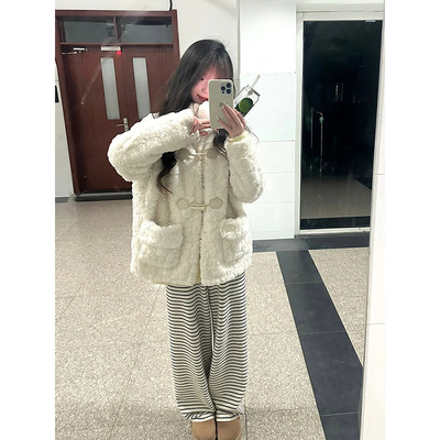 白色毛绒羊羔毛外套女毛毛茸茸秋冬季加绒厚羊羔绒冬天中长款棉服
