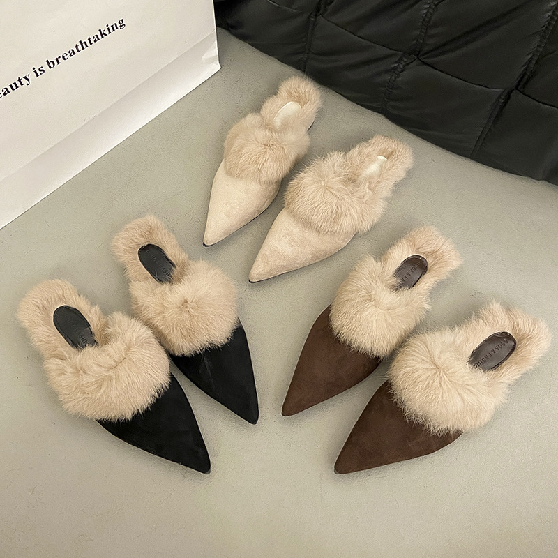 2025秋冬新款尖头细跟欧美时尚高跟毛毛细高跟拖鞋包头后空女鞋