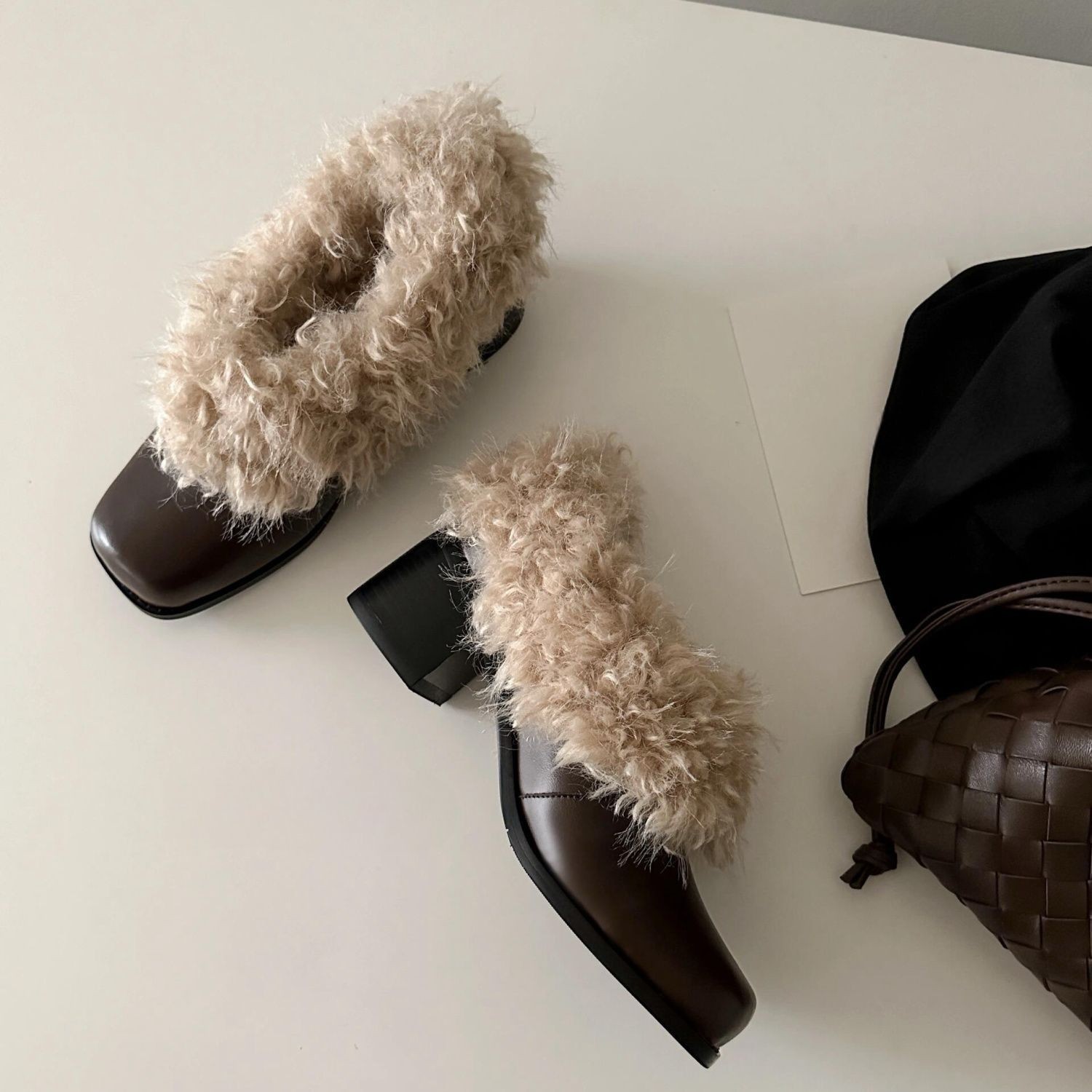 牛皮方头毛毛鞋女一脚蹬复古乐福鞋加绒保暖小皮鞋棉鞋粗跟单鞋