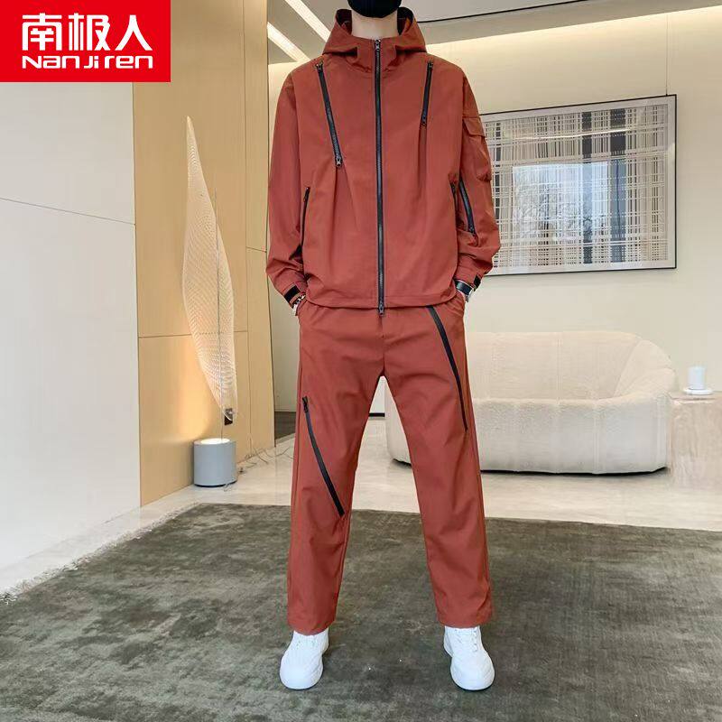 春秋季男士新款连帽夹克套装男休闲运动户外防风防水两件套