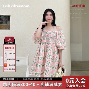 设计感短裙连衣裙女210535 夏季 一字领短袖 LAFREEDOM花朵灯笼袖