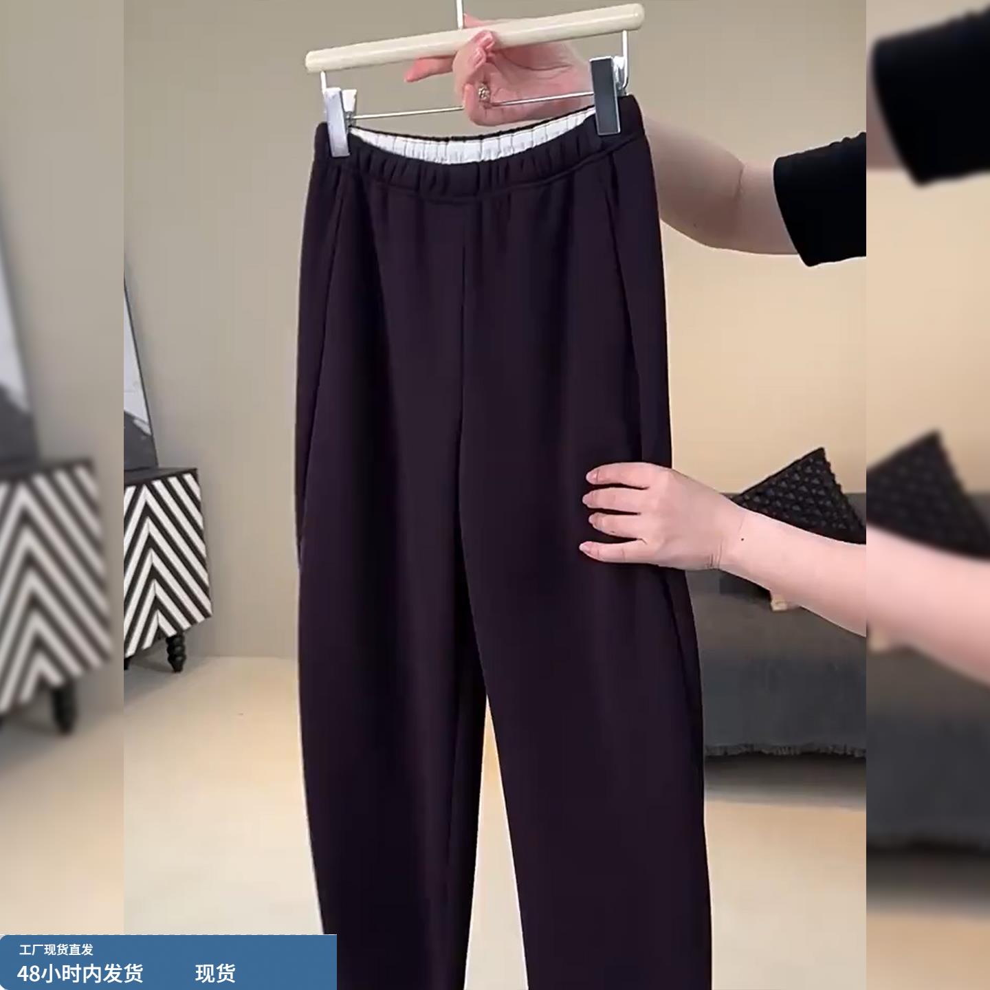 时尚高级高腰紫色直筒裤女秋季新款宽松显瘦休闲裤松紧腰藏肉裤子