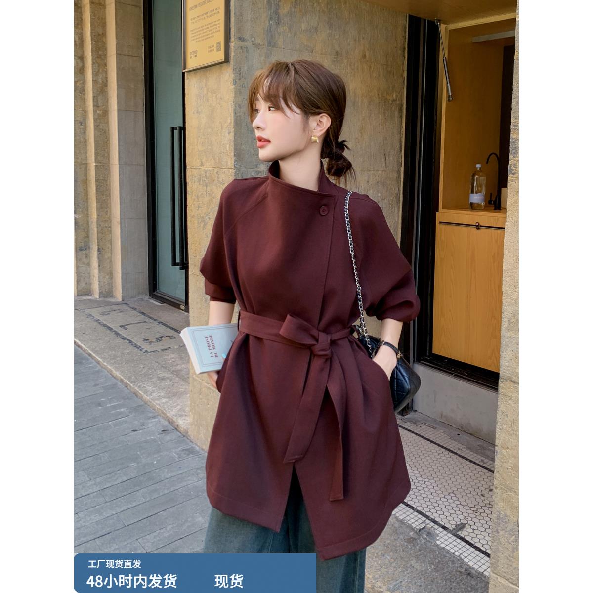 安可拉红色风衣外套女春秋小个子中长款2025新款收腰气质显瘦大衣