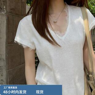 白色蕾丝短袖 设计感蕾丝花边独特漂亮小个子正肩上衣潮 t恤女夏季