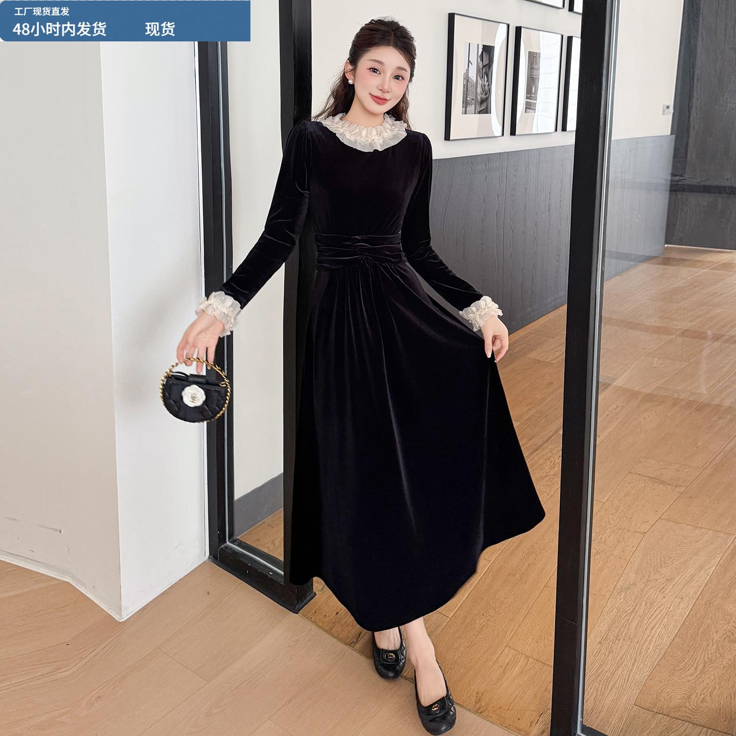 大码秋冬新款巨好看木耳边拼接金丝绒出席重要场合的漂亮连衣裙子