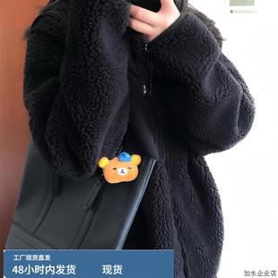 巨好看的初冬黑色棒球服绝美漂亮羊羔毛加绒加厚毛绒绒外套女冬季